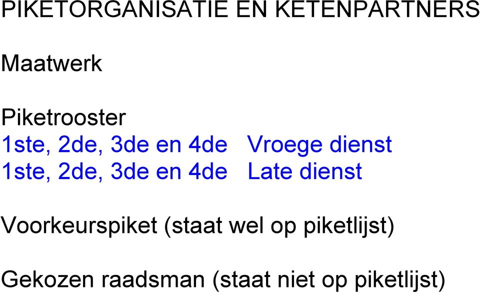 1ste, 2de, 3de en 4de Late dienst Voorkeurspiket