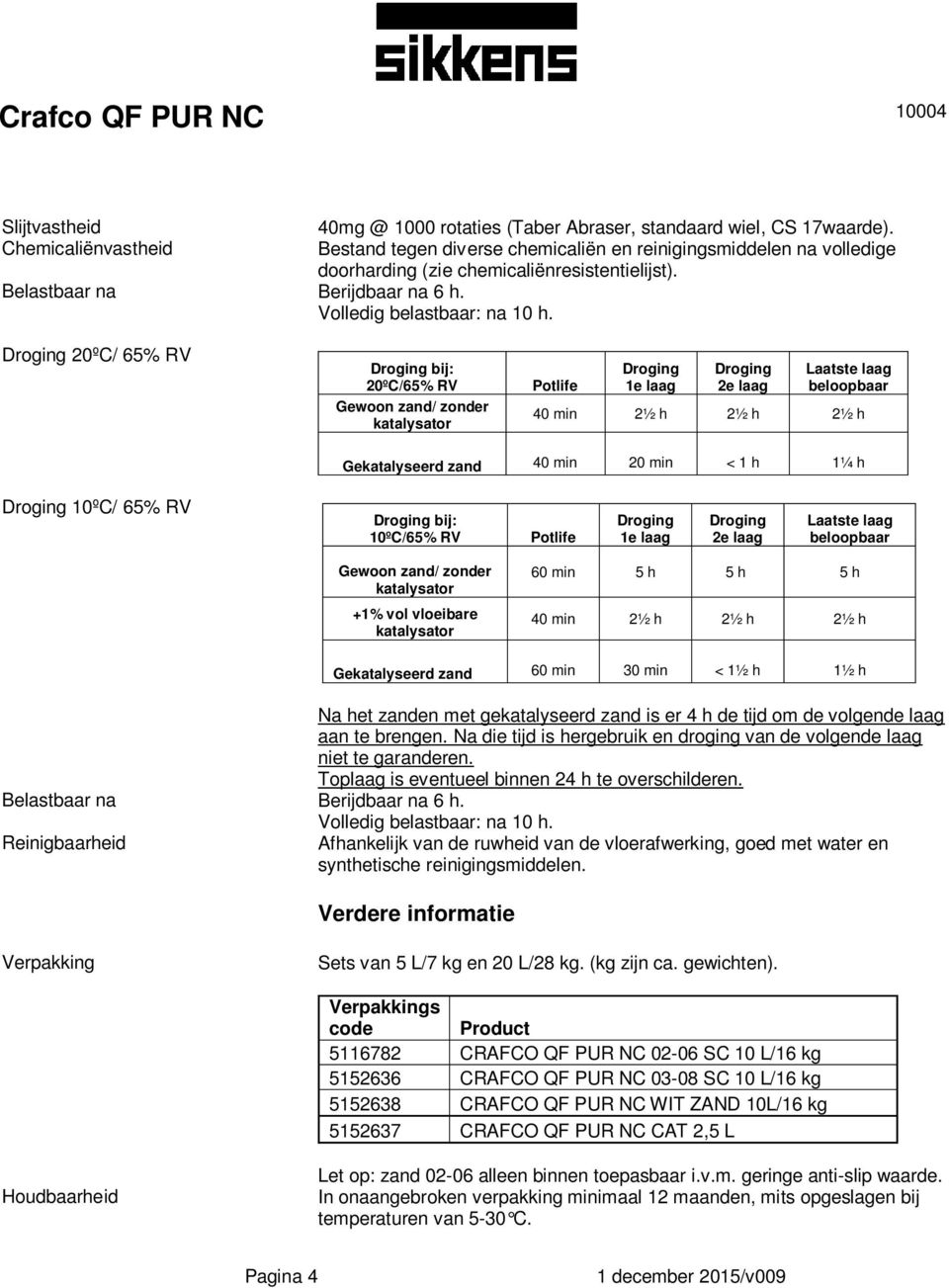 20ºC/ 65% RV bij: 20ºC/65% RV Gewoon zand/ zonder katalysator Potlife 1e laag 2e laag Laatste laag beloopbaar 40 min 2½ h 2½ h 2½ h Gekatalyseerd zand 40 min 20 min < 1 h 1¼ h 10ºC/ 65% RV bij: