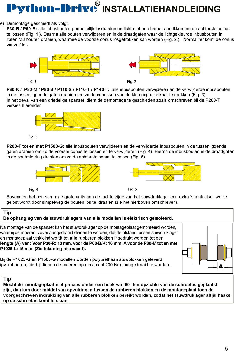 2 P60-K / P80-M / P80-S / P110-S / P110-T / P140-T: alle inbusbouten verwijderen en de verwijderde inbusbouten in de tussenliggende gaten draaien om zo de conussen van de klemring uit elkaar te