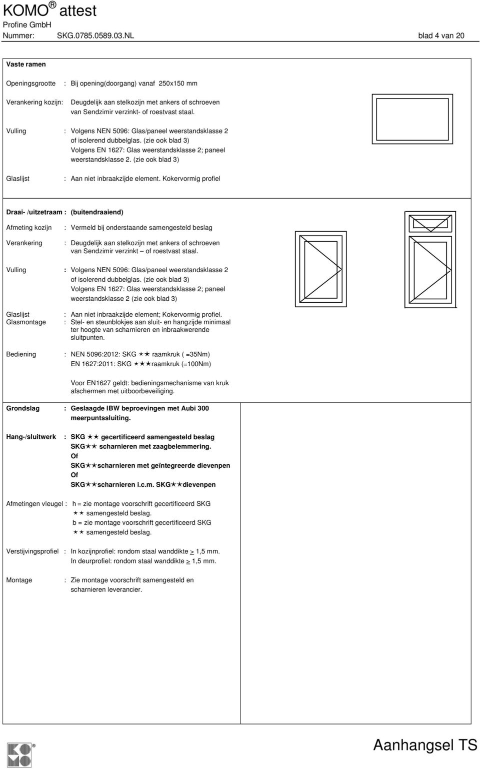 Vulling : Volgens NEN 5096: Glas/paneel weerstandsklasse 2 of isolerend dubbelglas. (zie ook blad 3) Volgens EN 1627: Glas weerstandsklasse 2; paneel weerstandsklasse 2.