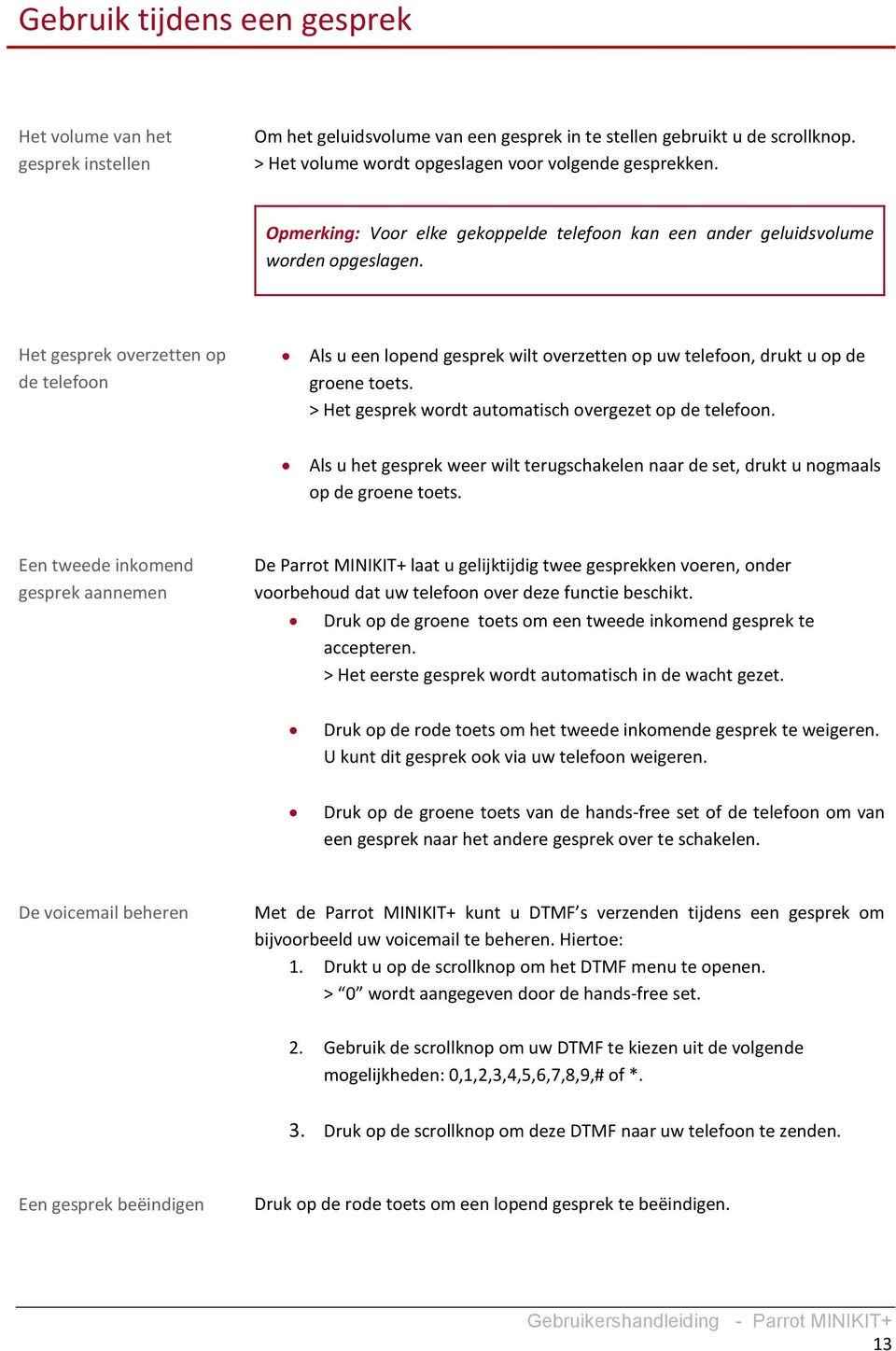 Het gesprek overzetten op de telefoon Als u een lopend gesprek wilt overzetten op uw telefoon, drukt u op de groene toets. > Het gesprek wordt automatisch overgezet op de telefoon.