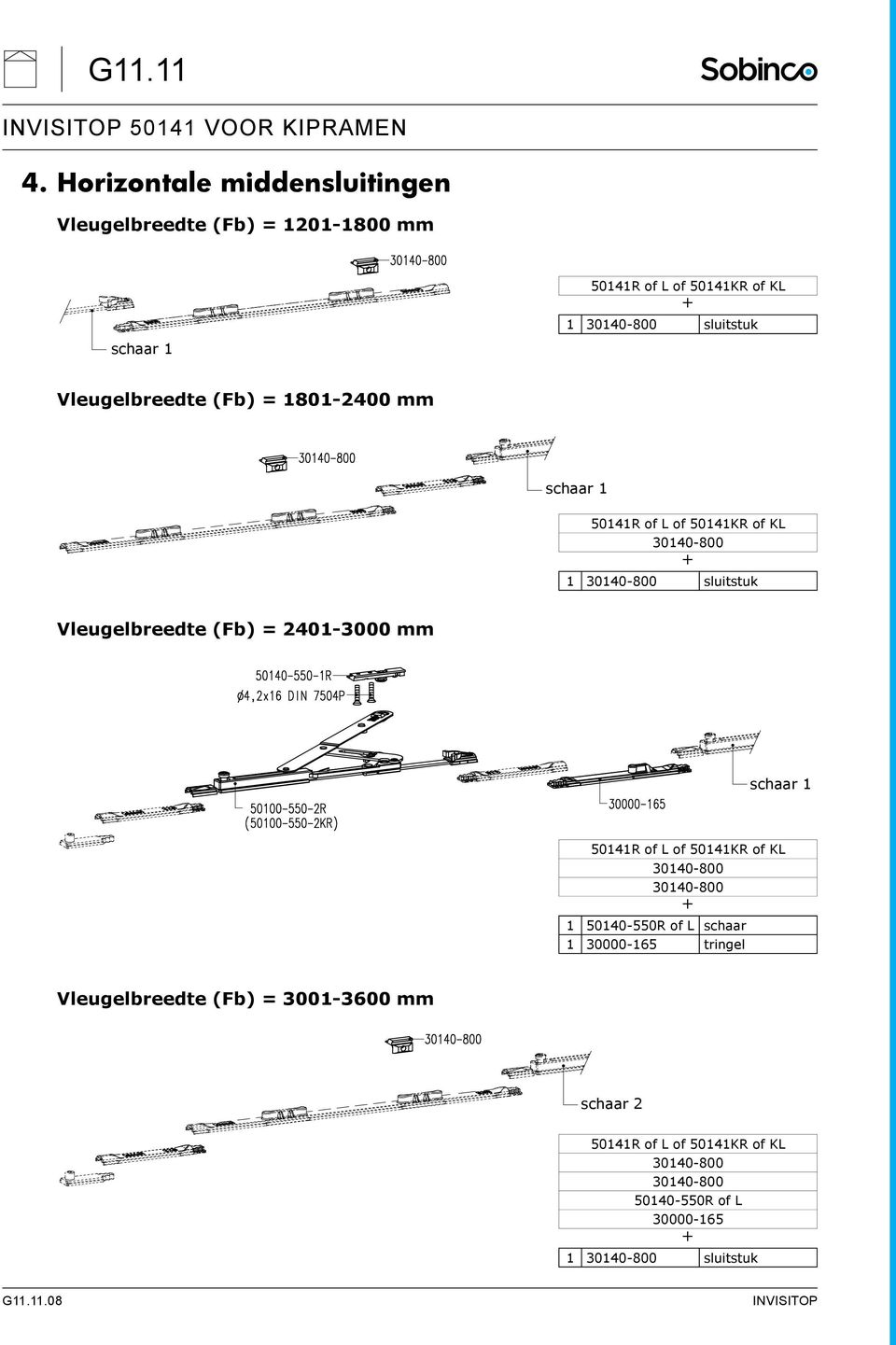 Vleugelbreedte (Fb) = 1801-2400 mm schaar 1 50141R of L of 50141KR of KL 30140-800 + 1 30140-800 sluitstuk Vleugelbreedte (Fb) =