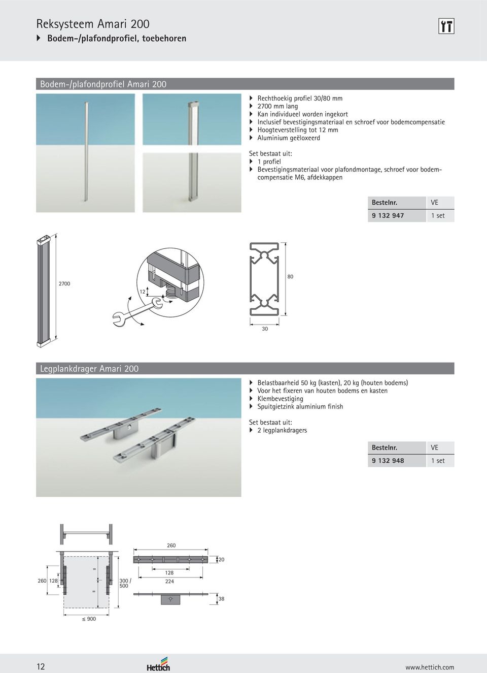 schroef voor bodemcompensatie M6, afdekkappen 9 132 947 1 set 2700 12 80 30 Legplankdrager Amari 200 Belastbaarheid 50 kg (kasten), 20 kg (houten bodems) Voor het