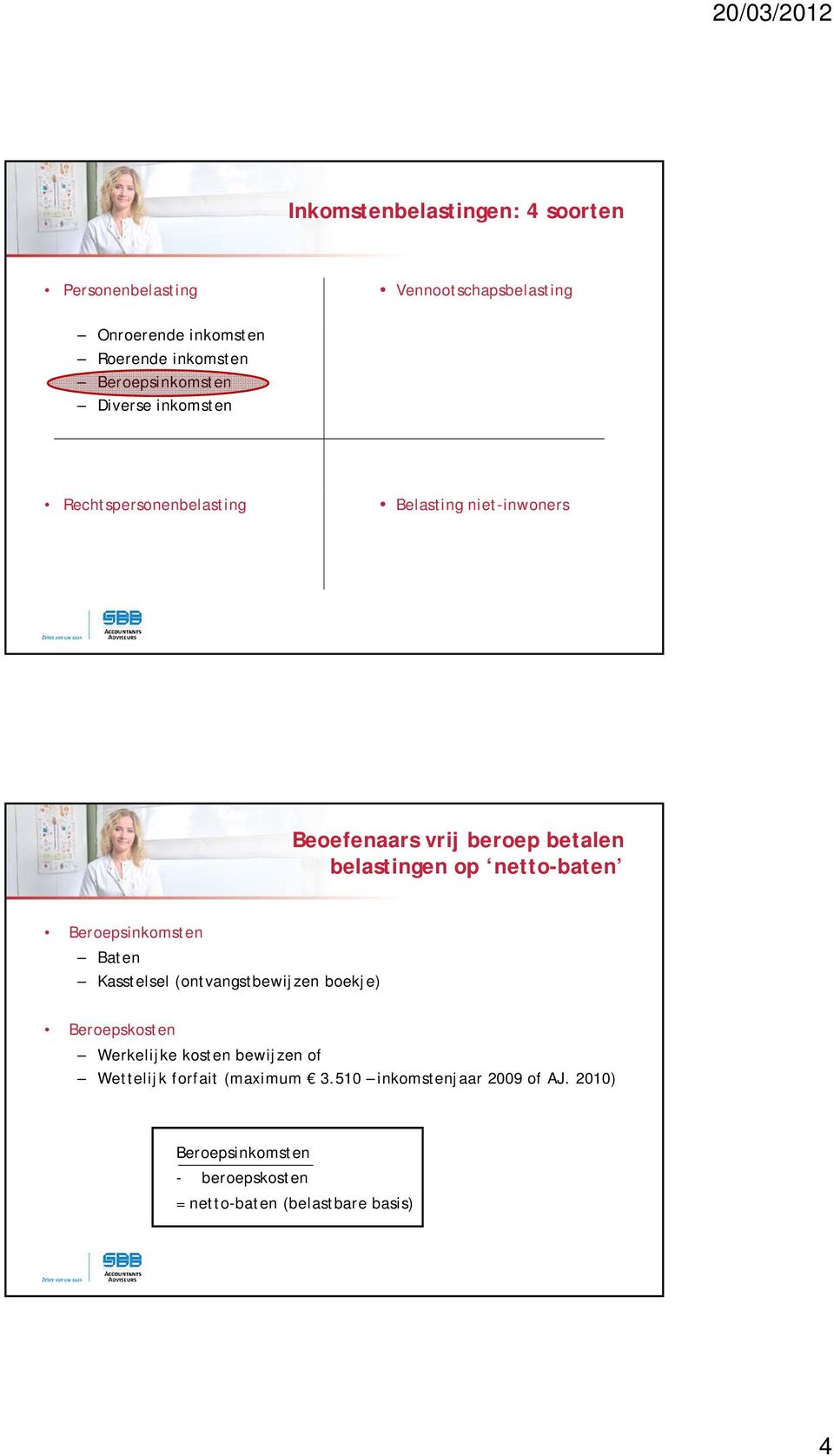 belastingen op netto-baten Beroepsinkomsten Baten Kasstelsel (ontvangstbewijzen boekje) Beroepskosten Werkelijke kosten