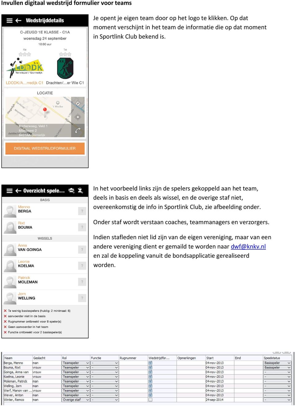 In het voorbeeld links zijn de spelers gekoppeld aan het team, deels in basis en deels als wissel, en de overige staf niet, overeenkomstig de info in Sportlink