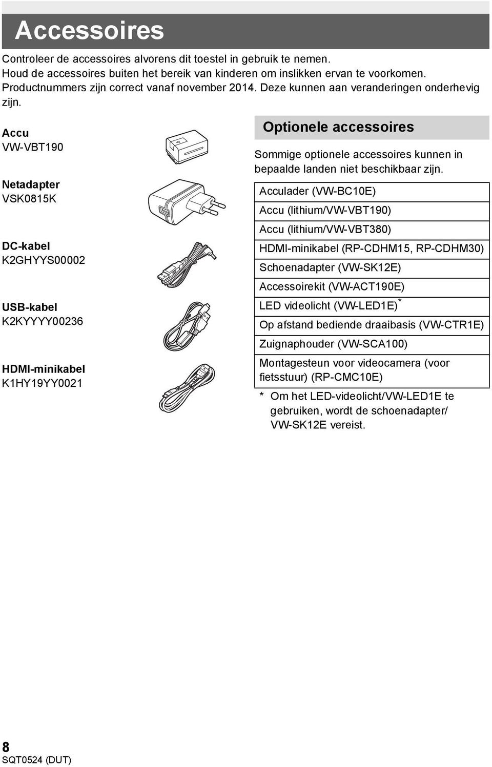 Accu VW-VBT190 Netadapter VSK0815K DC-kabel K2GHYYS00002 USB-kabel K2KYYYY00236 HDMI-minikabel K1HY19YY0021 Optionele accessoires Sommige optionele accessoires kunnen in bepaalde landen niet