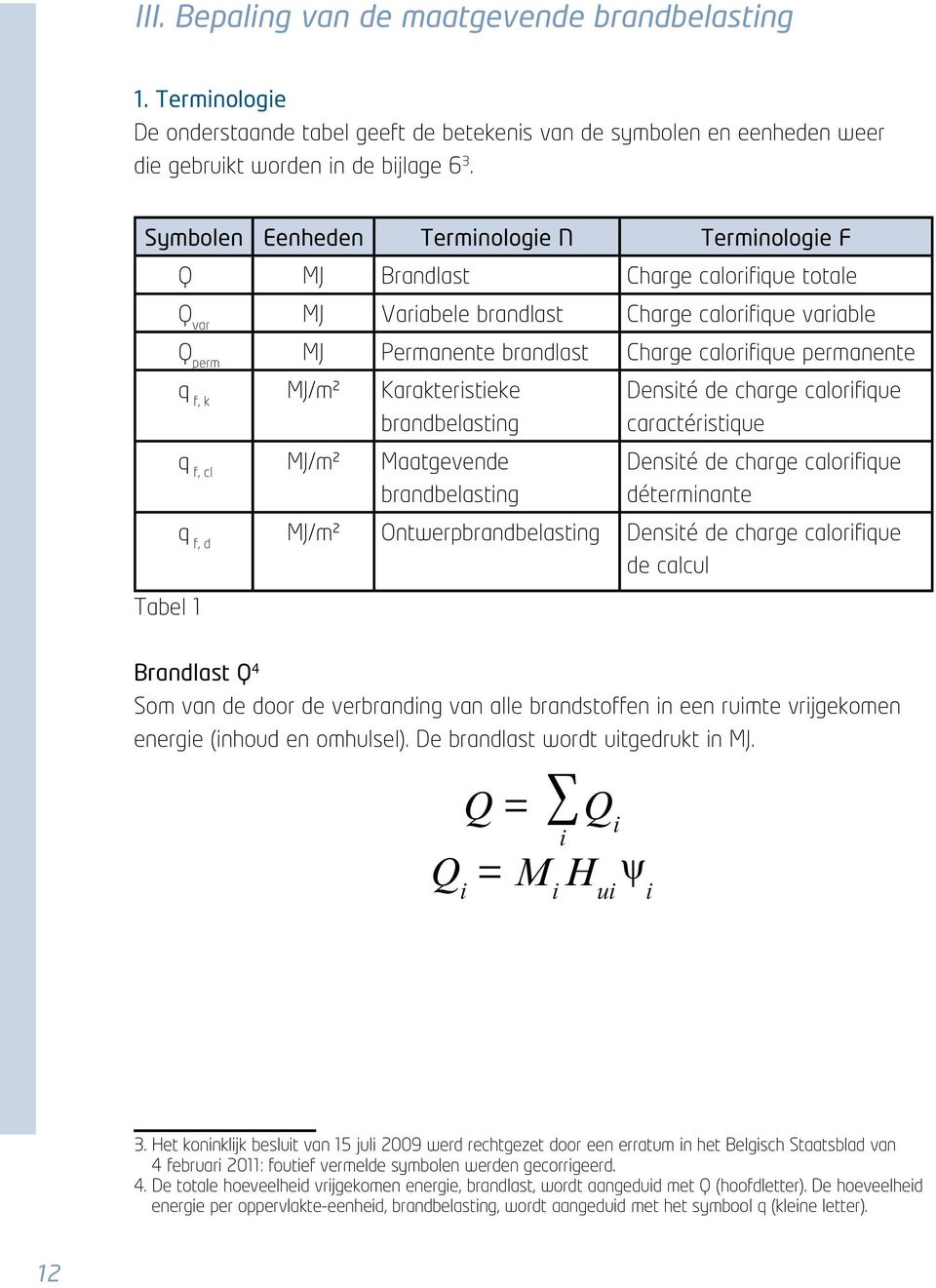 permanente q f, k MJ/m² Karakteristieke brandbelasting q f, cl MJ/m² Maatgevende brandbelasting Densité de charge calorifique caractéristique Densité de charge calorifique déterminante Tabel 1 q f, d