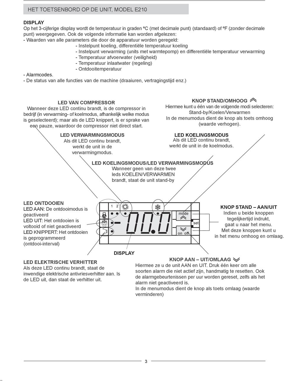 (units met warmtepomp) en differentiële temperatuur verwarming - Temperatuur afvoerwater (veiligheid) - Temperatuur inlaatwater (regeling) - Ontdooitemperatuur - Alarmcodes.