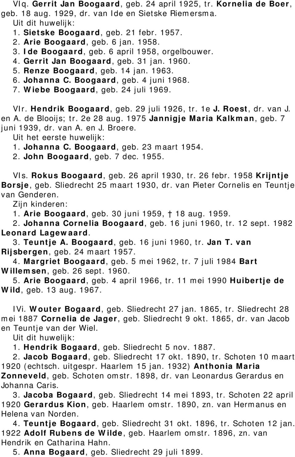 24 juli 1969. VIr. Hendrik Boogaard, geb. 29 juli 1926, tr. 1e J. Roest, dr. van J. en A. de Blooijs; tr. 2e 28 aug. 1975 Jannigje Maria Kalkman, geb. 7 juni 1939, dr. van A. en J. Broere.