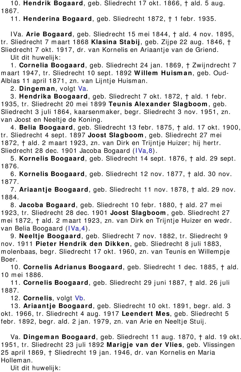 1869, Zwijndrecht 7 maart 1947, tr. Sliedrecht 10 sept. 1892 Willem Huisman, geb. Oud- Alblas 11 april 1871, zn. van Lijntje Huisman. 2. Dingeman, volgt Va. 3. Hendrika Boogaard, geb.