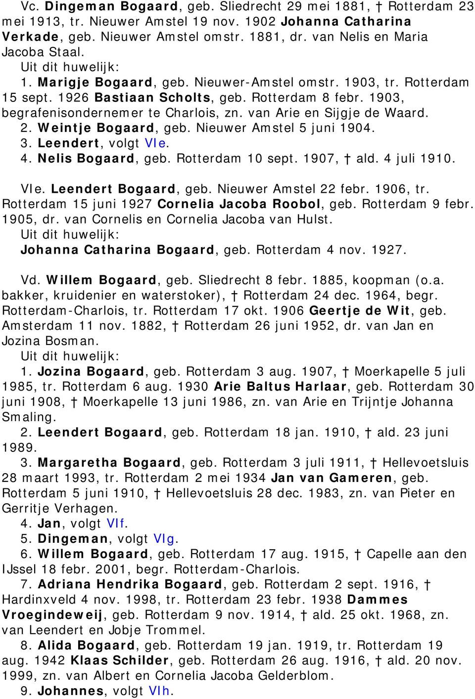 van Arie en Sijgje de Waard. 2. Weintje Bogaard, geb. Nieuwer Amstel 5 juni 1904. 3. Leendert, volgt VIe. 4. Nelis Bogaard, geb. Rotterdam 10 sept. 1907, ald. 4 juli 1910. VIe. Leendert Bogaard, geb.