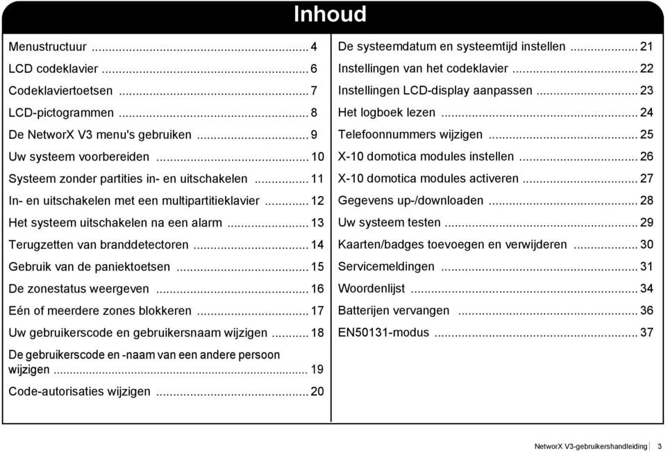 . 14 Gebruik van de paniektoetsen... 15 De zonestatus weergeven... 16 Eén of meerdere zones blokkeren. 17 Uw gebruikerscode en gebruikersnaam wijzigen.