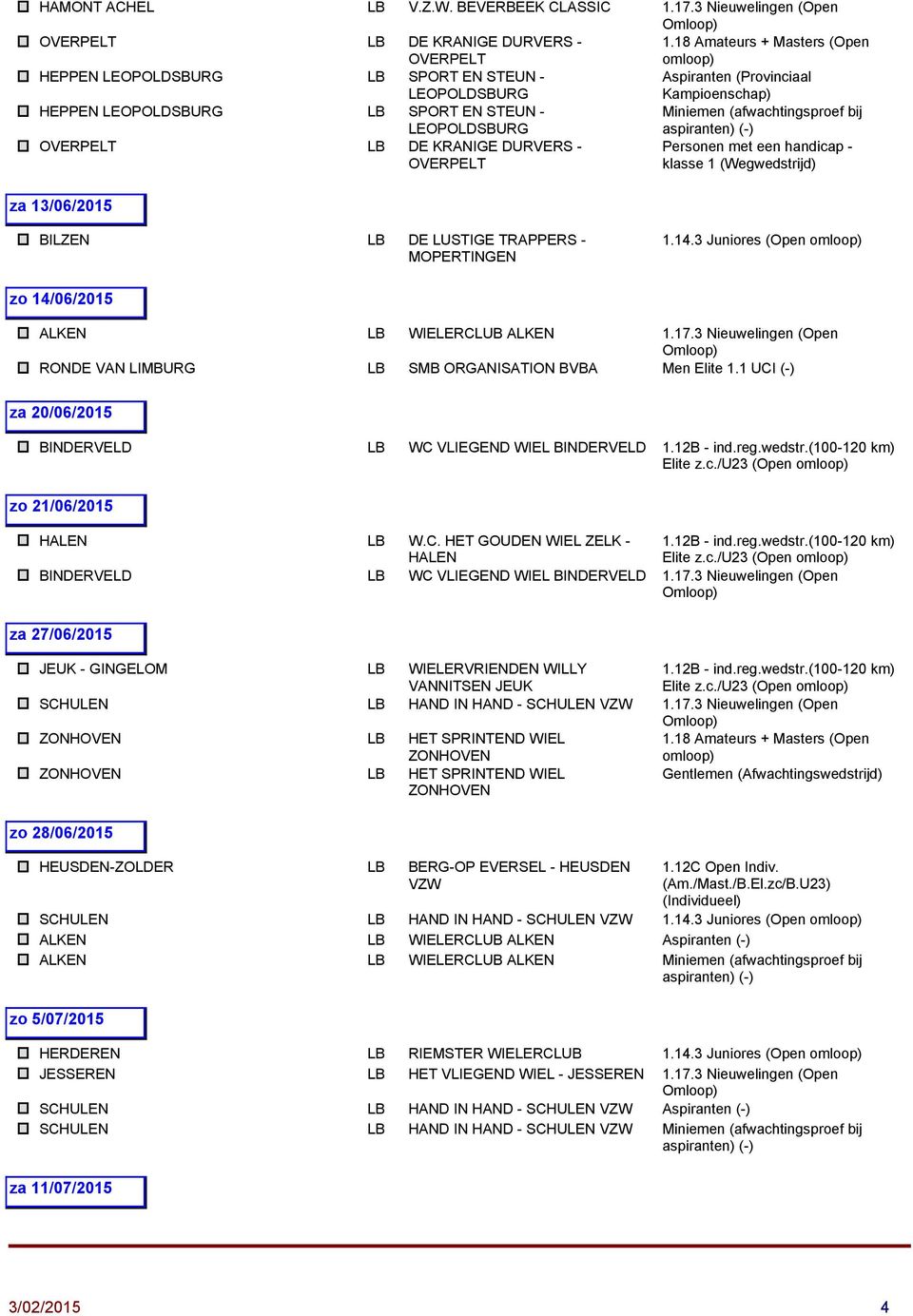 - Personen met een handicap - OVERPELT klasse 1 (Wegwedstrijd) za 13/06/2015 BILZEN LB DE LUSTIGE TRAPPERS - MOPERTINGEN zo 14/06/2015 ALKEN LB WIELERCLUB ALKEN RONDE VAN LIMBURG LB SMB ORGANISATION