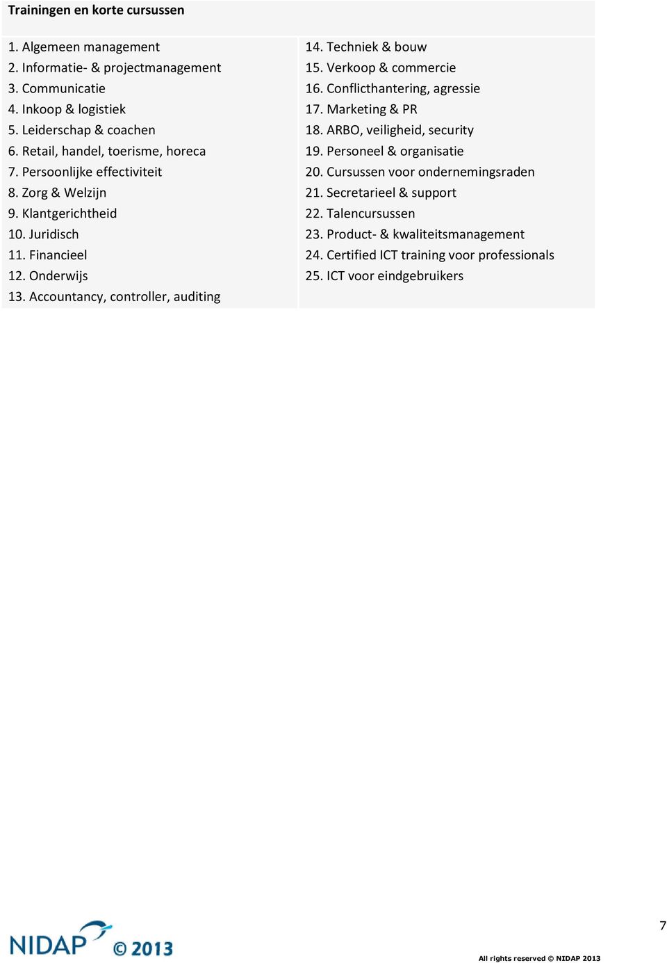 Accountancy, controller, auditing 14. Techniek & bouw 15. Verkoop & commercie 16. Conflicthantering, agressie 17. Marketing & PR 18. ARBO, veiligheid, security 19.