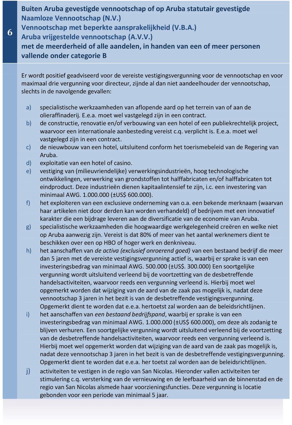 ) Vennootschap met beperkte aansprakelijkheid (V.B.A.) Aruba vrijgestelde vennootschap (A.V.V.) met de meerderheid of alle aandelen, in handen van een of meer personen vallende onder categorie B Er