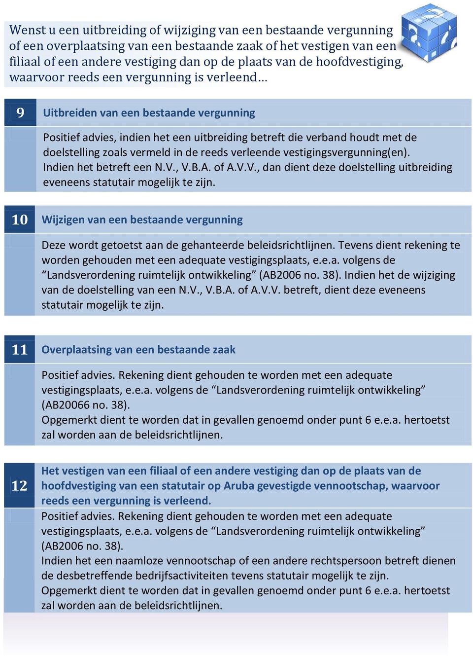 vermeld in de reeds verleende vestigingsvergunning(en). Indien het betreft een N.V., V.B.A. of A.V.V., dan dient deze doelstelling uitbreiding eveneens statutair mogelijk te zijn.