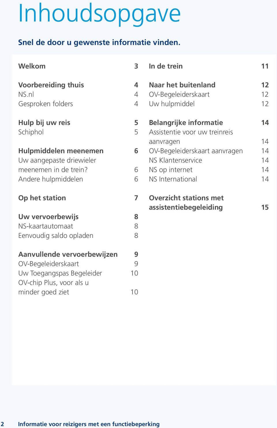 6 Andere hulpmiddelen 6 Op het station 7 Uw vervoerbewijs 8 NS-kaartautomaat 8 Eenvoudig saldo opladen 8 In de trein 11 Naar het buitenland 12 OV-Begeleiderskaart 12 Uw hulpmiddel 12 Belangrijke