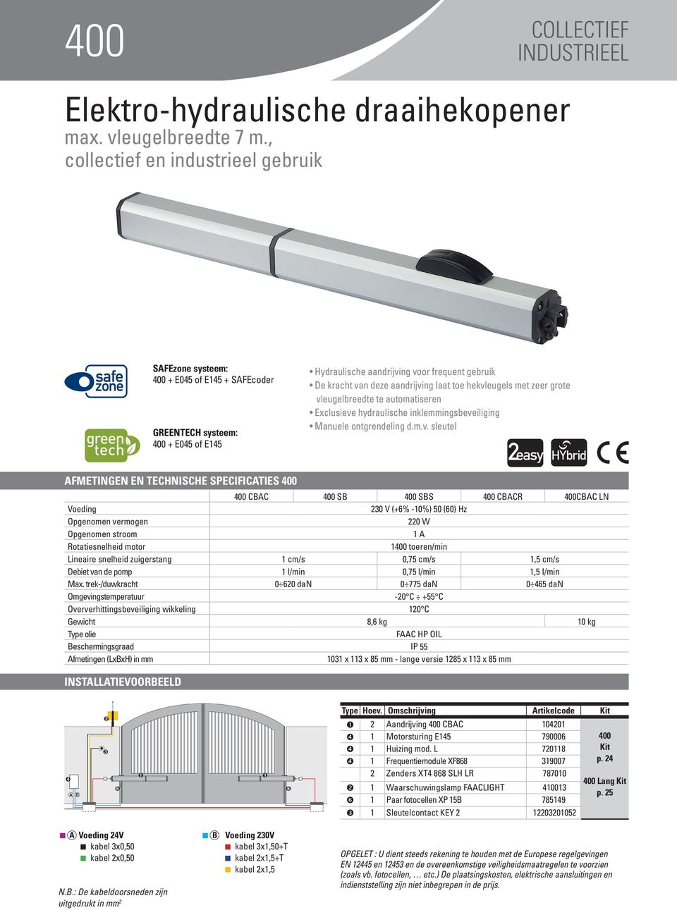 hekvleugels met zeer grote vleugelbreedte te automatiseren Exclusieve hydraulische inklemmingsbeveiliging Manuele ontgrendeling d.m.v. sleutel AFMETINGEN EN TECHNISCHE SPECIFICATIES 400 400 CBAC 400