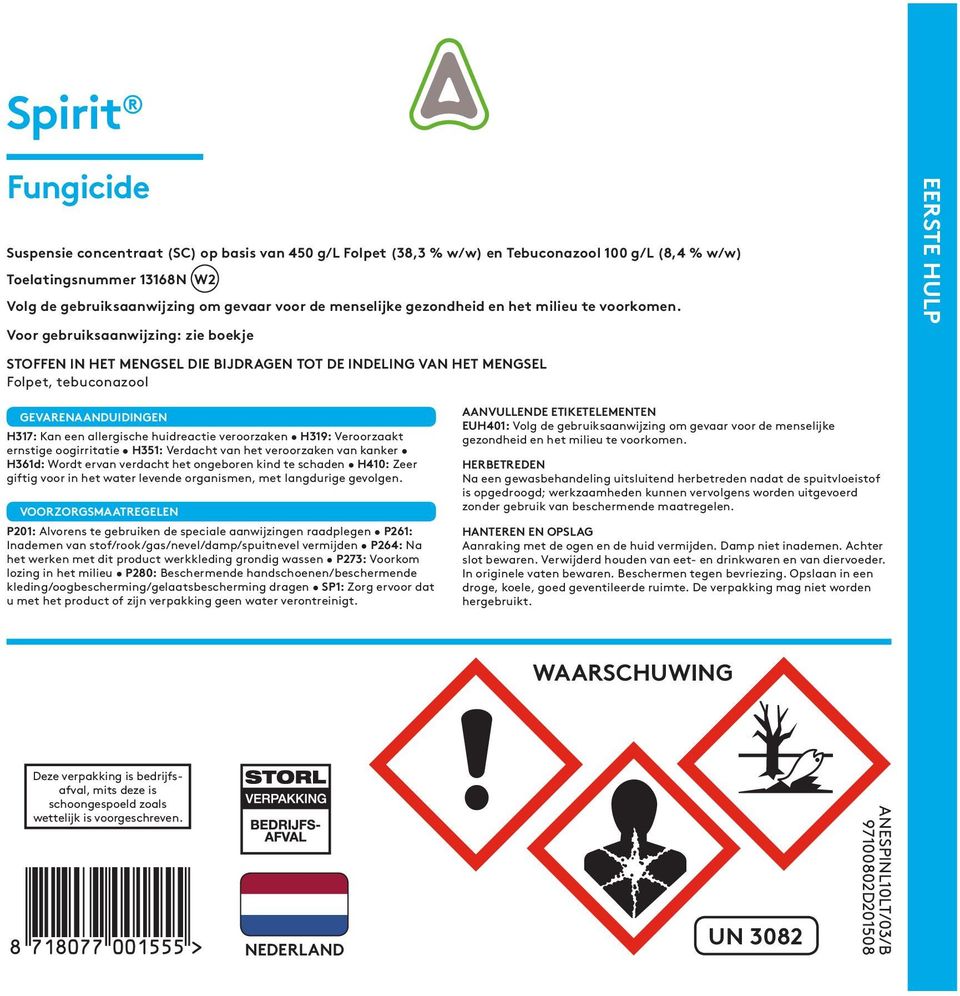 Voor gebruiksaanwijzing: zie boekje EERSTE HULP STOFFEN IN HET MENGSEL DIE BIJDRAGEN TOT DE INDELING VAN HET MENGSEL Folpet, tebuconazool GEVARENAANDUIDINGEN H317: Kan een allergische huidreactie