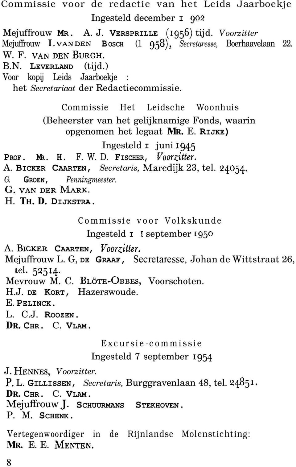 Commissie Het Leidsche Woonhuis (Beheerster van het gelijknamige Fonds, waarin opgenomen het legaat MR. E. RIJKE) Ingesteld I juni 1945 PROF. MR. H. F. W. D. FISCHER, Voorzjtter. A.