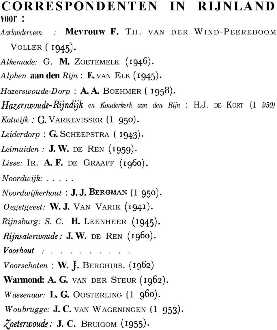 Lisse: IR. A. F. DE GRAAFF (1960). Noordwijk:..... Noordwijkerhout : J. J. BERGMAN (1 950). Oegstgeest: W. J. VAN VARIK (1941). Rijnsburg: S. C. H. LEENHEER (1945). Rijzsaterwoude: J. W. DE REN (1960).