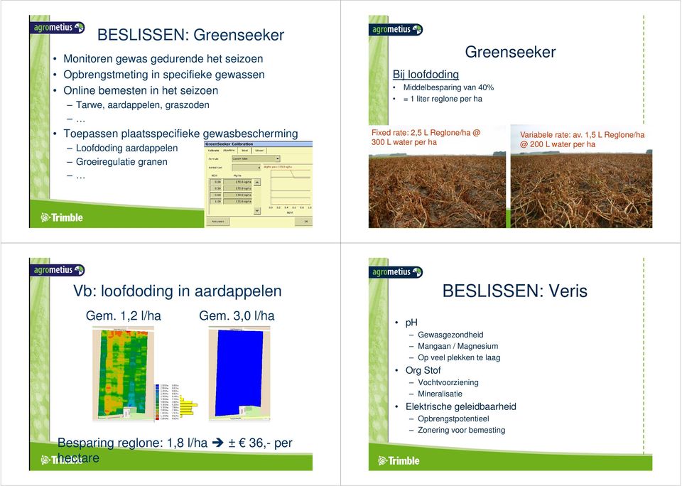 water per ha Greenseeker Variabele rate: av. 1,5 L Reglone/ha @ 200 L water per ha Vb: loofdoding in aardappelen Gem. 1,2 l/ha Gem.