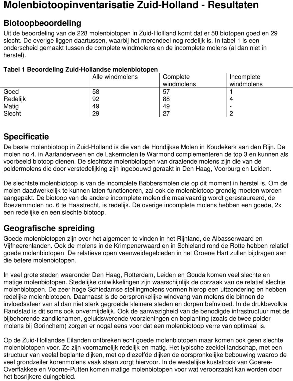 Tabel 1 Beoordeling Zuid-Hollandse molenbiotopen Alle windmolens Complete windmolens Goed 58 57 1 Redelijk 92 88 4 Matig 49 49 - Slecht 29 27 2 Incomplete windmolens Specificatie De beste