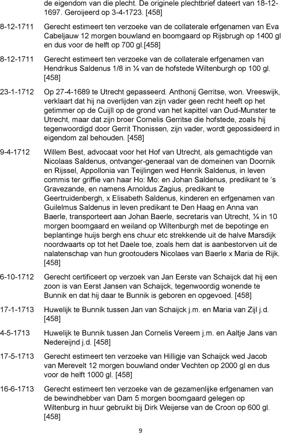 8-12-1711 Gerecht estimeert ten verzoeke van de collaterale erfgenamen van Hendrikus Saldenus 1/8 in ¼ van de hofstede Wiltenburgh op 100 gl. 23-1-1712 Op 27-4-1689 te Utrecht gepasseerd.