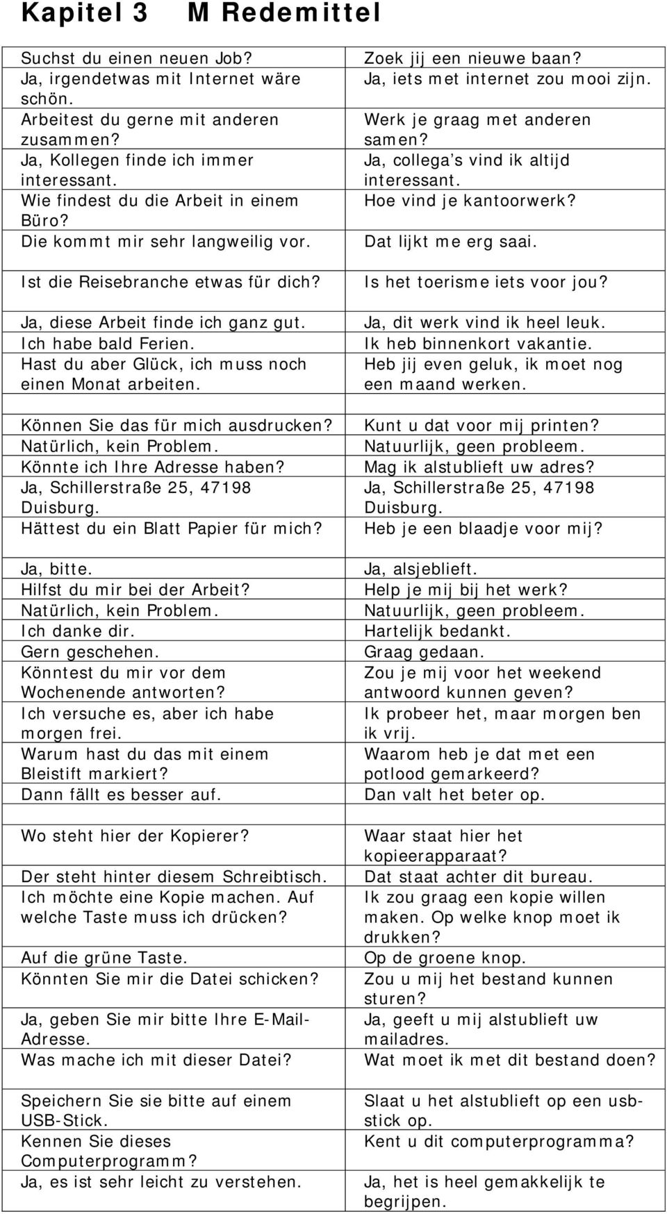 Hast du aber Glück, ich muss noch einen Monat arbeiten. Können Sie das für mich ausdrucken? Natürlich, kein Problem. Könnte ich Ihre Adresse haben? Ja, Schillerstraße 25, 47198 Duisburg.