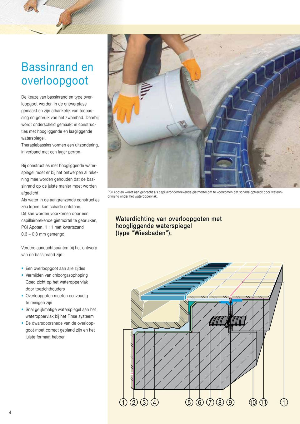 Bij constructies met hoogliggende waterspiegel moet er bij het ontwerpen al rekening mee worden gehouden dat de bassinrand op de juiste manier moet worden afgedicht.
