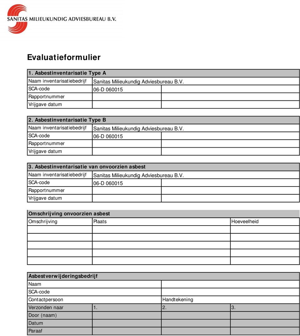 Asbestinventarisatie van onvoorzien asbest Naam inventarisatiebedrijf Sanitas Milieukundig Adviesbureau.V.