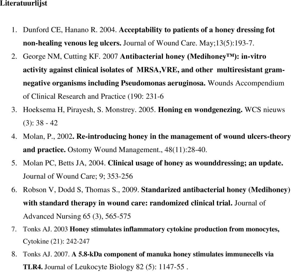 Wounds Accompendium of Clinical Research and Practice (190: 231-6 3. Hoeksema H, Pirayesh, S. Monstrey. 2005. Honing en wondgenezing. WCS nieuws (3): 38-42 4. Molan, P., 2002.