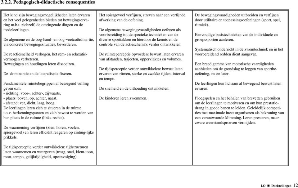 Bewegingen en houdingen leren dissociren. De dominantie en de lateralisatie fixeren. Fundamentele ruimtebegrippen al bewegend vulling geven o.m. - richting: voor-, achter-, zijwaarts, - plaats: boven, op, achter, naast, - afstand: ver, dicht, laag, hoog.