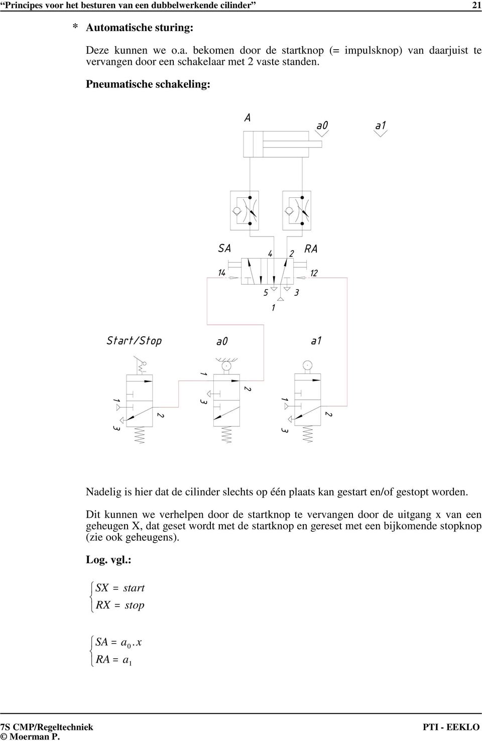 Dit kunnen we verhelpen door de startknop te vervangen door de uitgang x van een geheugen X, dat geset wordt met de startknop en gereset met