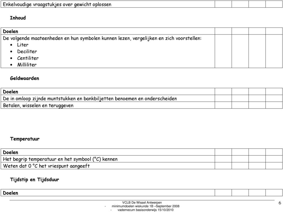 zijnde muntstukken en bankbiljetten benoemen en onderscheiden Betalen, wisselen en teruggeven Temperatuur