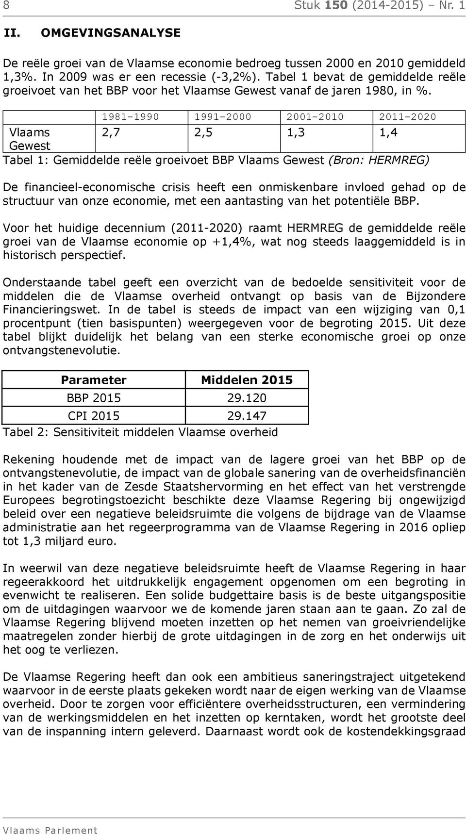 1981-1990 1991-2000 2001-2010 2011-2020 Vlaams 2,7 2,5 1,3 1,4 Gewest Tabel 1: Gemiddelde reële groeivoet BBP Vlaams Gewest (Bron: HERMREG) De financieel-economische crisis heeft een onmiskenbare