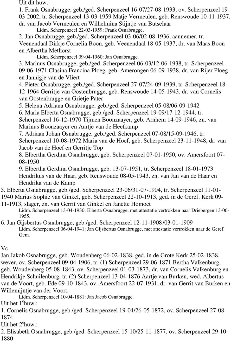 Veenendaal Dirkje Cornelia Boon, geb. Veenendaal 18-05-1937, dr. van Maas Boon en Albertha Methorst Lidm. Scherpenzeel 09-04-1960: Jan Osnabrugge. 3. Marinus Osnabrugge, geb./ged.