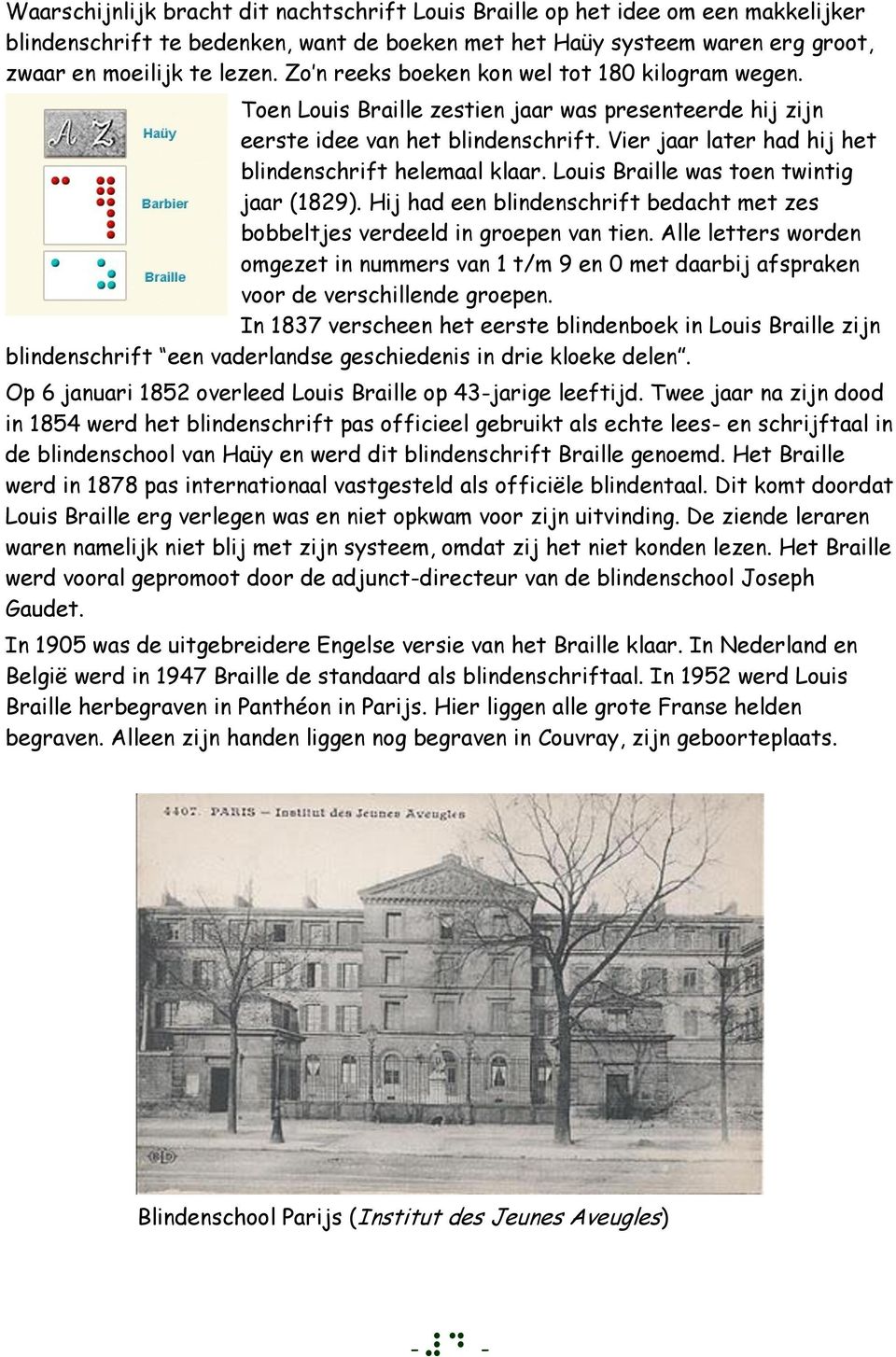 Vier jaar later had hij het blindenschrift helemaal klaar. Louis Braille was toen twintig jaar (1829). Hij had een blindenschrift bedacht met zes bobbeltjes verdeeld in groepen van tien.