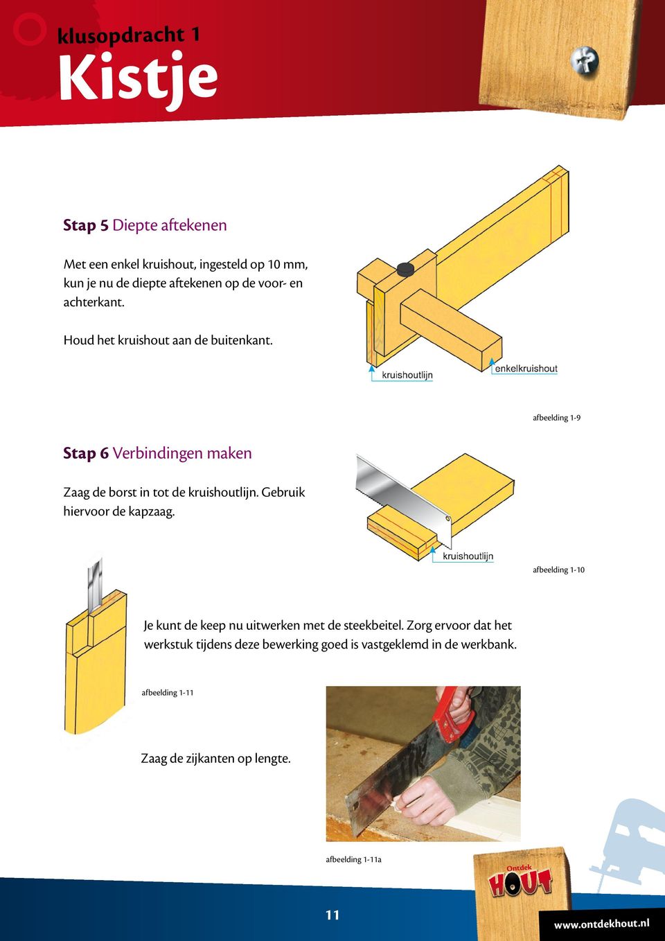 afbeelding 1-9 Stap 6 Verbindingen maken Zaag de borst in tot de kruishoutlijn. Gebruik hiervoor de kapzaag.