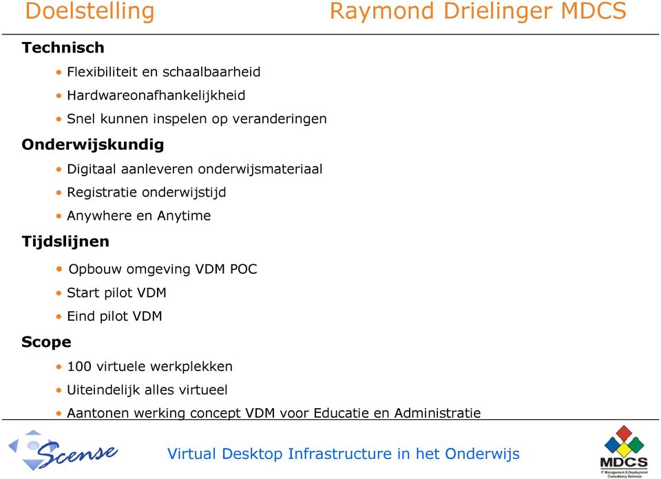 onderwijstijd Anywhere en Anytime Tijdslijnen Opbouw omgeving VDM POC Start pilot VDM Eind pilot VDM Scope