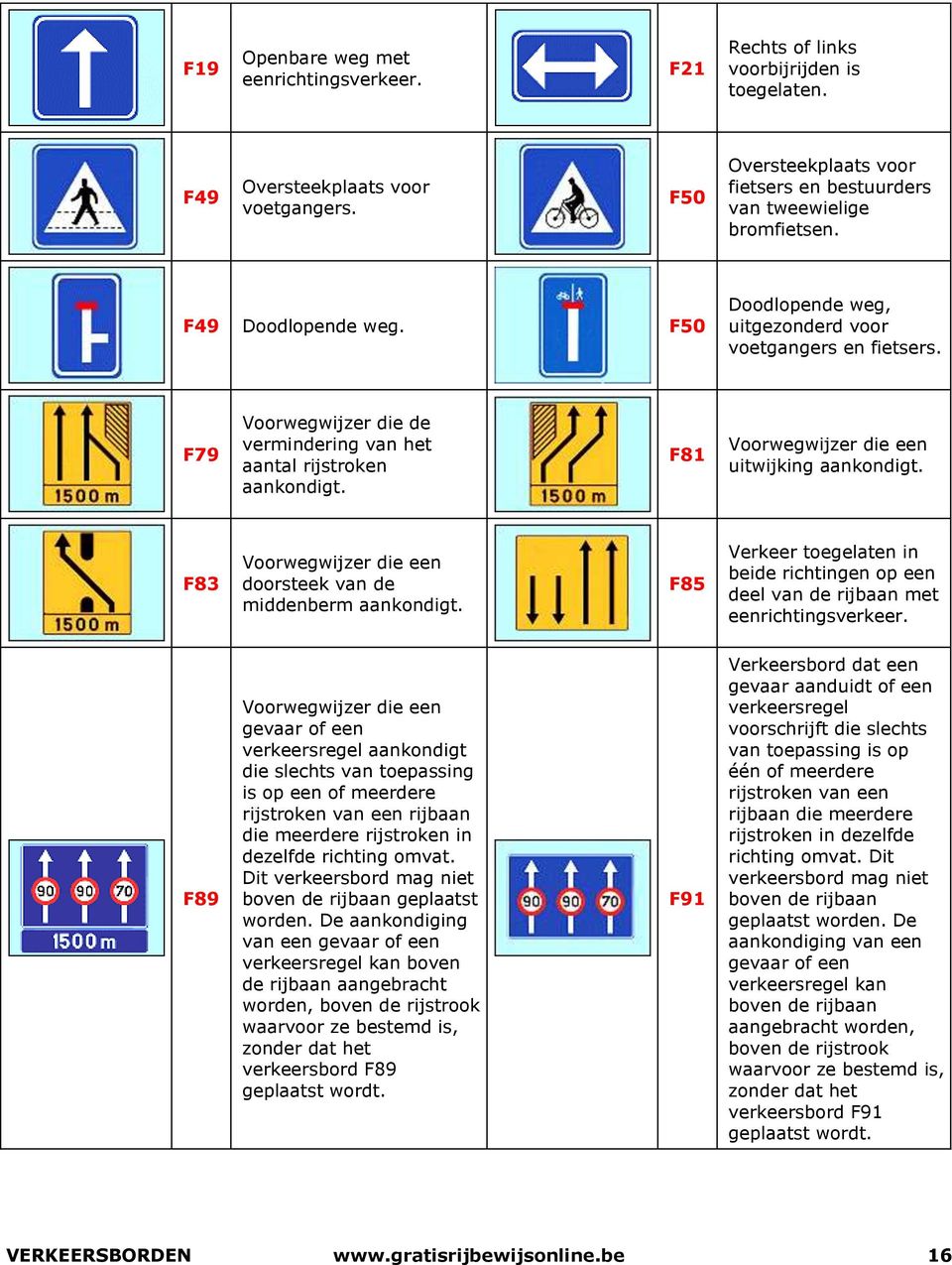 F79 Voorwegwijzer die de vermindering van het aantal rijstroken aankondigt. F81 Voorwegwijzer die een uitwijking aankondigt. F83 Voorwegwijzer die een doorsteek van de middenberm aankondigt.