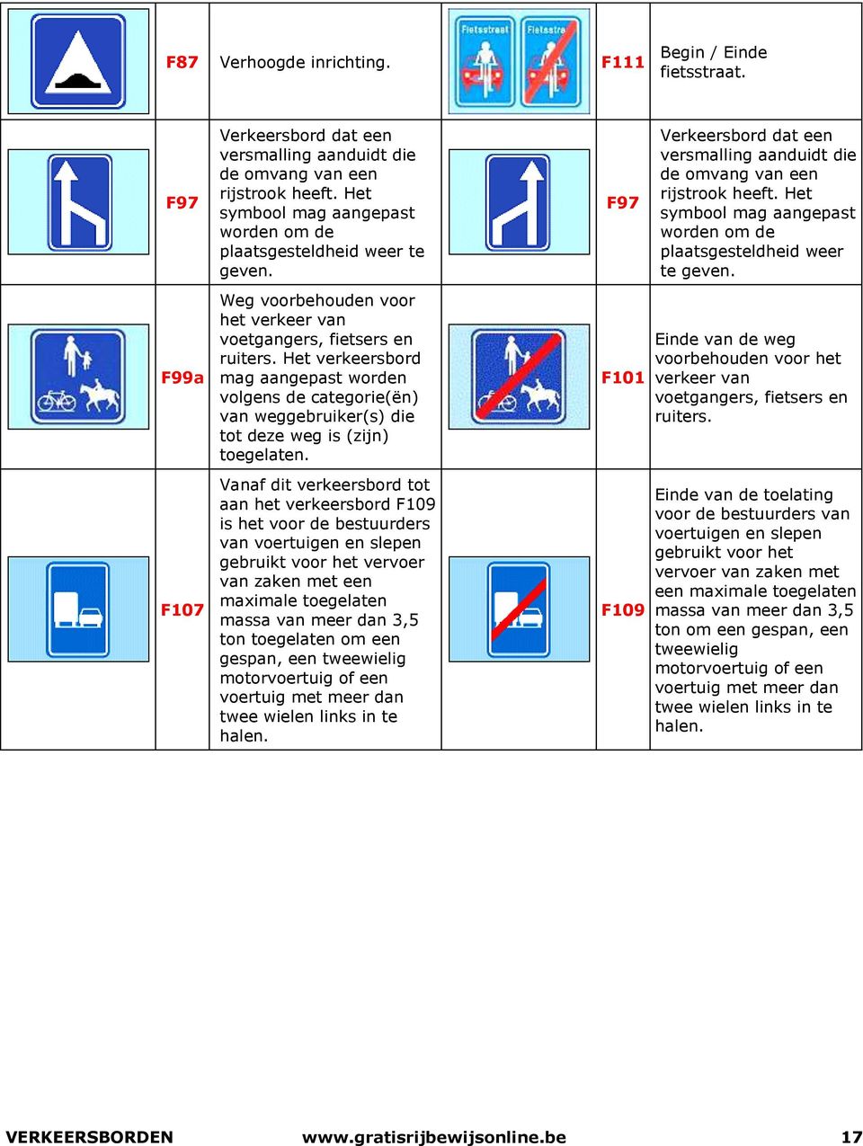 Het symbool mag aangepast worden om de plaatsgesteldheid weer te geven. F99a Weg voorbehouden voor het verkeer van voetgangers, fietsers en ruiters.