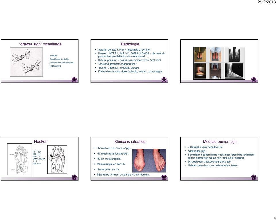 Bunion : dorsaal - mediaal, grootte. Kleine rijen: luxatie: deels/volledig, hoever, varus/valgus. Hoeken HV < 15. IMA < 9. IPA = 0. DMAA /DMSA < 10 Ses = 0% Klinische situaties.