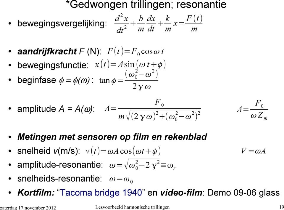 Metingen met sensoren op film en rekenblad snelheid v(m/s): v (t )=ωa cos(ωt+ϕ ) amplitude-resonantie: ω = ω 0 γ ωr