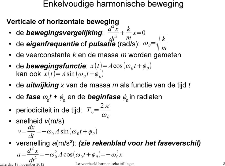 uitwijking x van de massa m als functie van de tijd t de fase ω0t + φ0 en de beginfase φ0 in radialen π periodiciteit in de tijd: T 0= ω0 snelheid