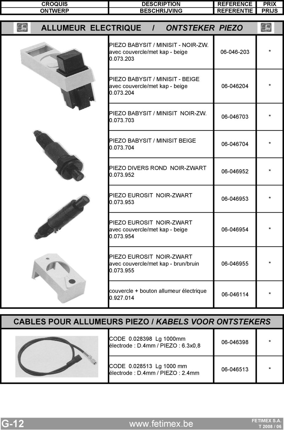 073.954 06-046954 PIEZO EUROSIT NOIR-ZWART avec couvercle/met kap - brun/bruin 0.073.955 06-046955 couvercle + bouton allumeur électrique 0.927.