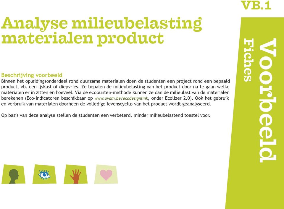 Via de ecopunten-methode kunnen ze dan de milieulast van de materialen berekenen (Eco-indicatoren beschikbaar op www.ovam.be/ecodesignlink, onder Ecolizer 2.0).