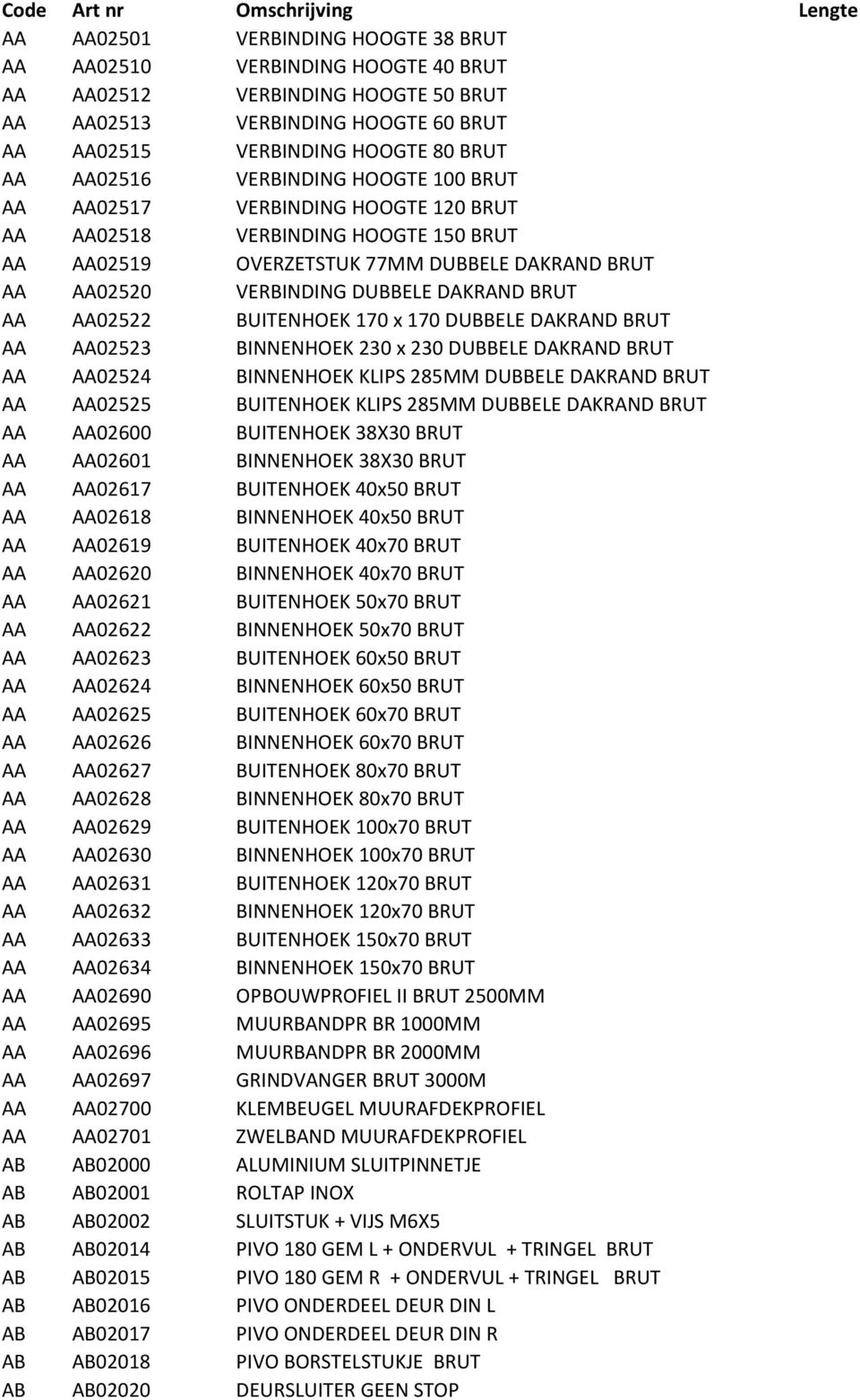 VERBINDING DUBBELE DAKRAND BRUT AA AA02522 BUITENHOEK 170 x 170 DUBBELE DAKRAND BRUT AA AA02523 BINNENHOEK 230 x 230 DUBBELE DAKRAND BRUT AA AA02524 BINNENHOEK KLIPS 285MM DUBBELE DAKRAND BRUT AA