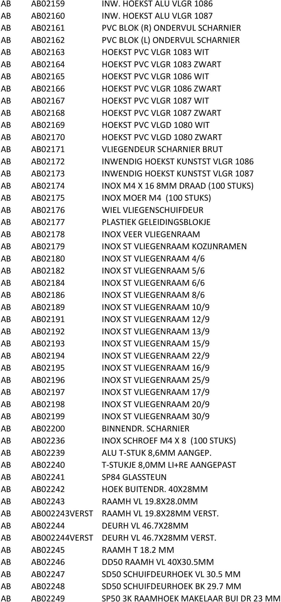 PVC VLGR 1086 WIT AB AB02166 HOEKST PVC VLGR 1086 ZWART AB AB02167 HOEKST PVC VLGR 1087 WIT AB AB02168 HOEKST PVC VLGR 1087 ZWART AB AB02169 HOEKST PVC VLGD 1080 WIT AB AB02170 HOEKST PVC VLGD 1080