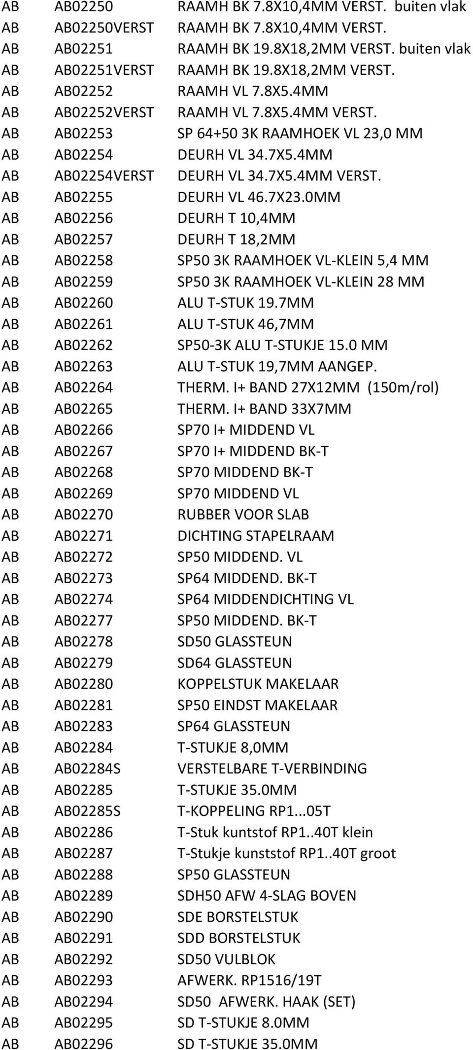 0MM AB AB02256 DEURH T 10,4MM AB AB02257 DEURH T 18,2MM AB AB02258 SP50 3K RAAMHOEK VL-KLEIN 5,4 MM AB AB02259 SP50 3K RAAMHOEK VL-KLEIN 28 MM AB AB02260 ALU T-STUK 19.